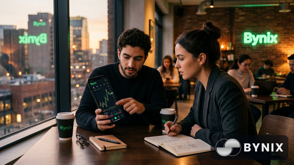 Two traders studying a dark Bynix trading app on a phone in a modern café, with the green Bynix logo clearly readable and charts glowing under warm ambient light.
