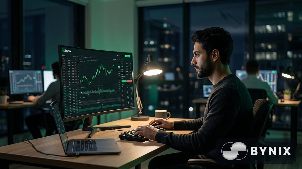 Trader at night using a laptop with a dark Bynix trading app and the green Bynix logo clearly readable, surrounded by a chart monitor, desk lamp, and a calm workspace.