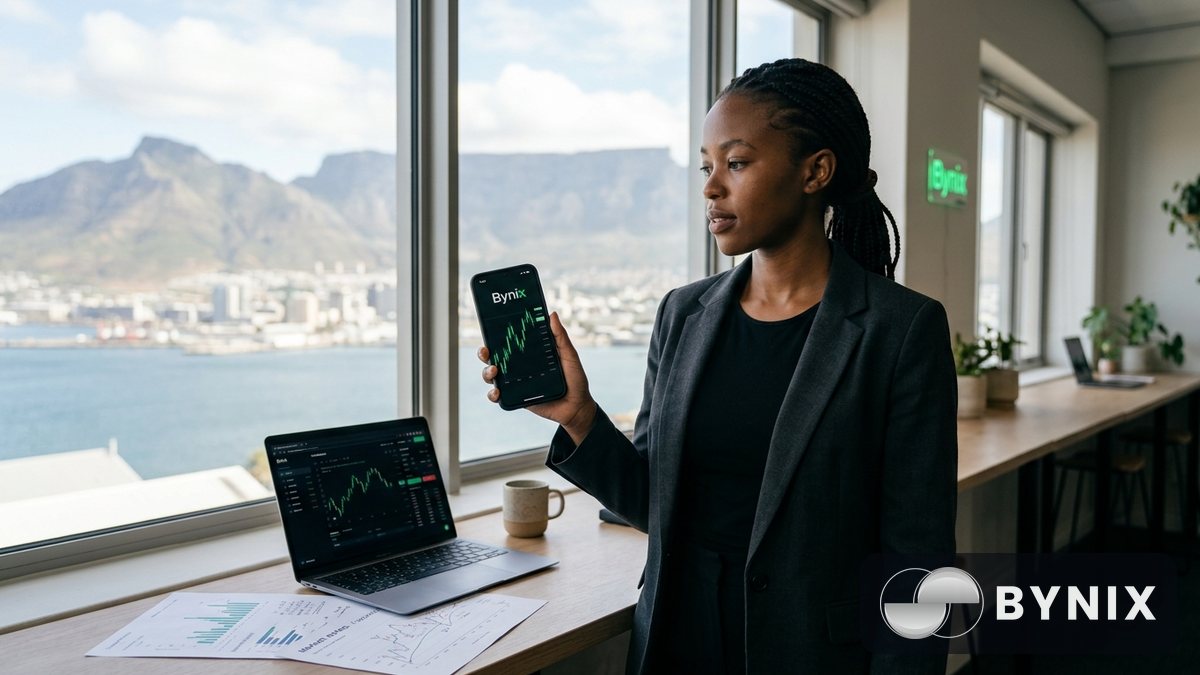 Nag-toneel van ’n jong man en vrou in ’n woonstel in Kaapstad wat ’n laptop en foon gebruik, donker handels-app met die groen Bynix-logo leesbaar op albei skerms, warm tafellamp en stadsligte buite.