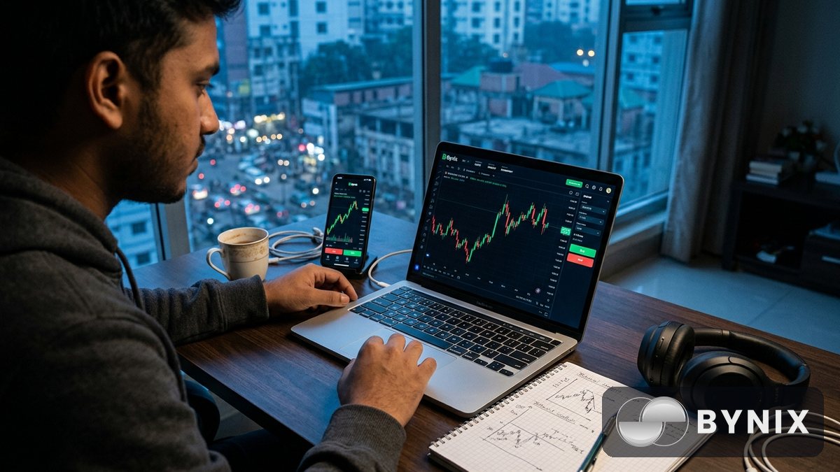 EMA ও RSI বিশ্লেষণ করছেন এমন trader-এর ডেস্ক সেটআপ