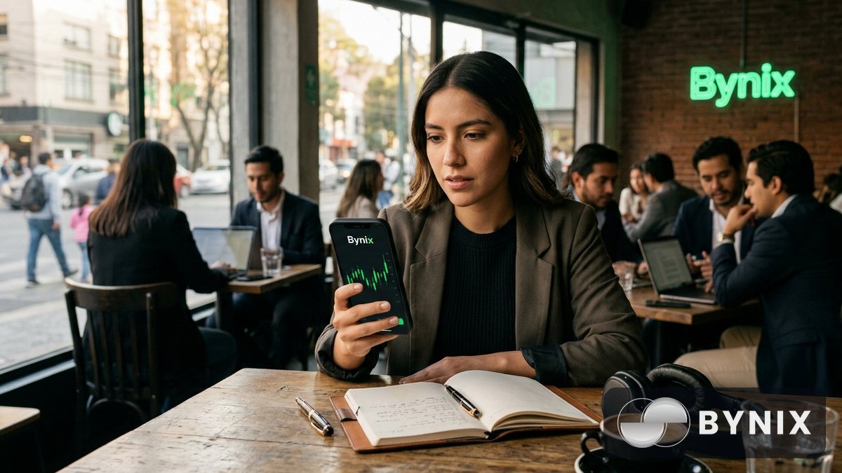 Dos personas revisando un móvil con una app de trading oscura y el logo verde de Bynix visible en una cafetería luminosa, con gráficos en pantalla y luz natural.