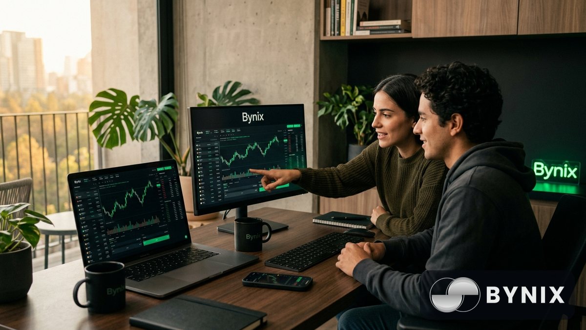 Un trader observando un portátil con una app de trading oscura y el logo verde de Bynix visible junto a una ventana nocturna, con teclado, auriculares y reflejos urbanos.