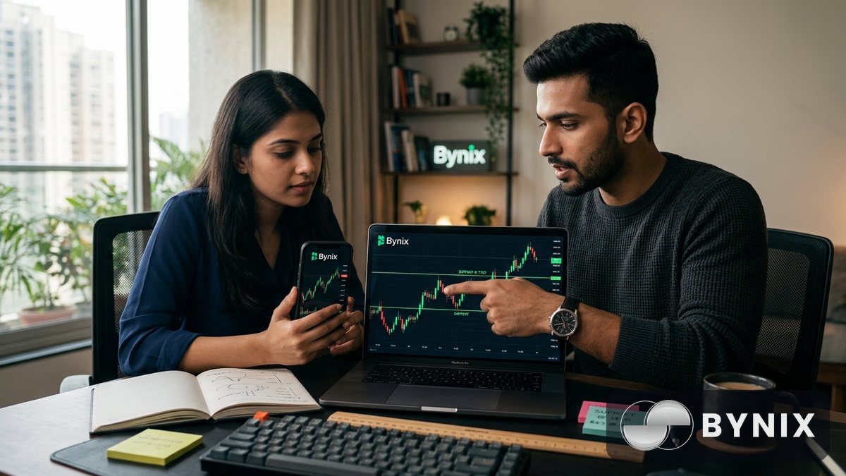 support और resistance bounce strategy की इमेज, फोन स्क्रीन पर chart के साथ और हरा Bynix logo साफ़ दिखता हुआ।