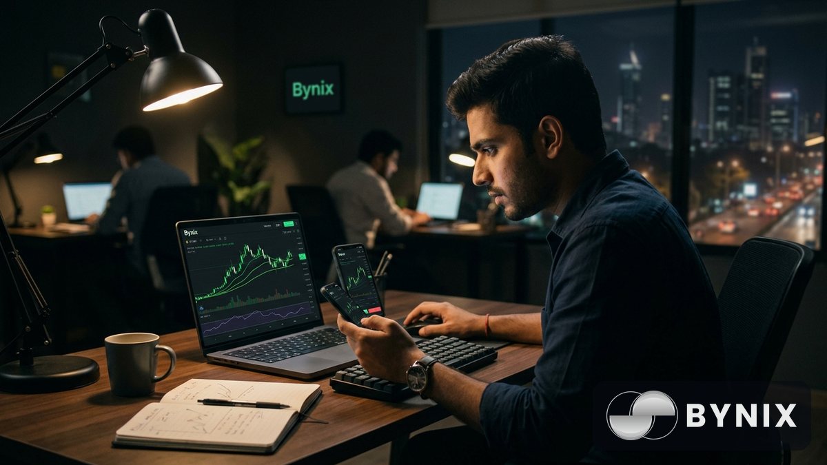 EMA और RSI setup की इमेज, laptop और फोन पर dark chart app में Bynix logo साफ़ दिख रहा है।