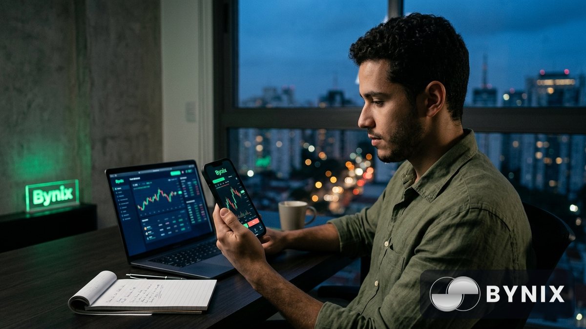 Trader usando celular com gráfico OTC em um ambiente de home office iluminado.