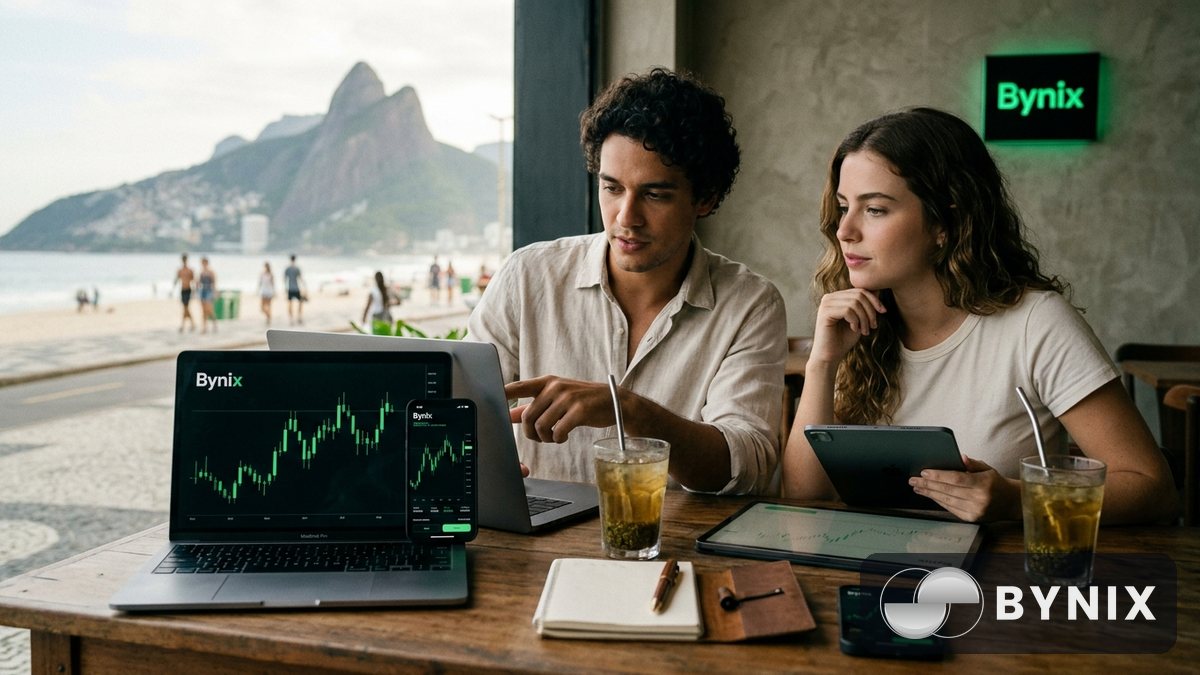 Cena de estudo de trading com laptop e celular em mesa de café.