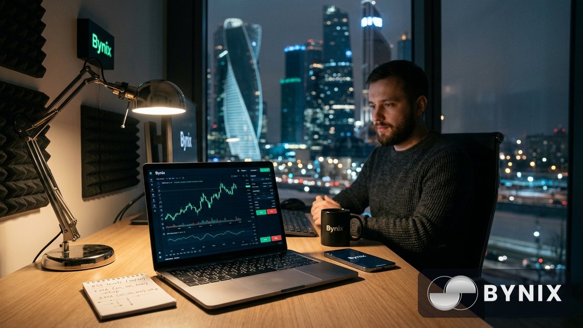 Два друга смотрят на ноутбук с тёмным приложением Bynix, на экране зелёный логотип, рядом смартфон, крипто-заметки и неоновый свет.