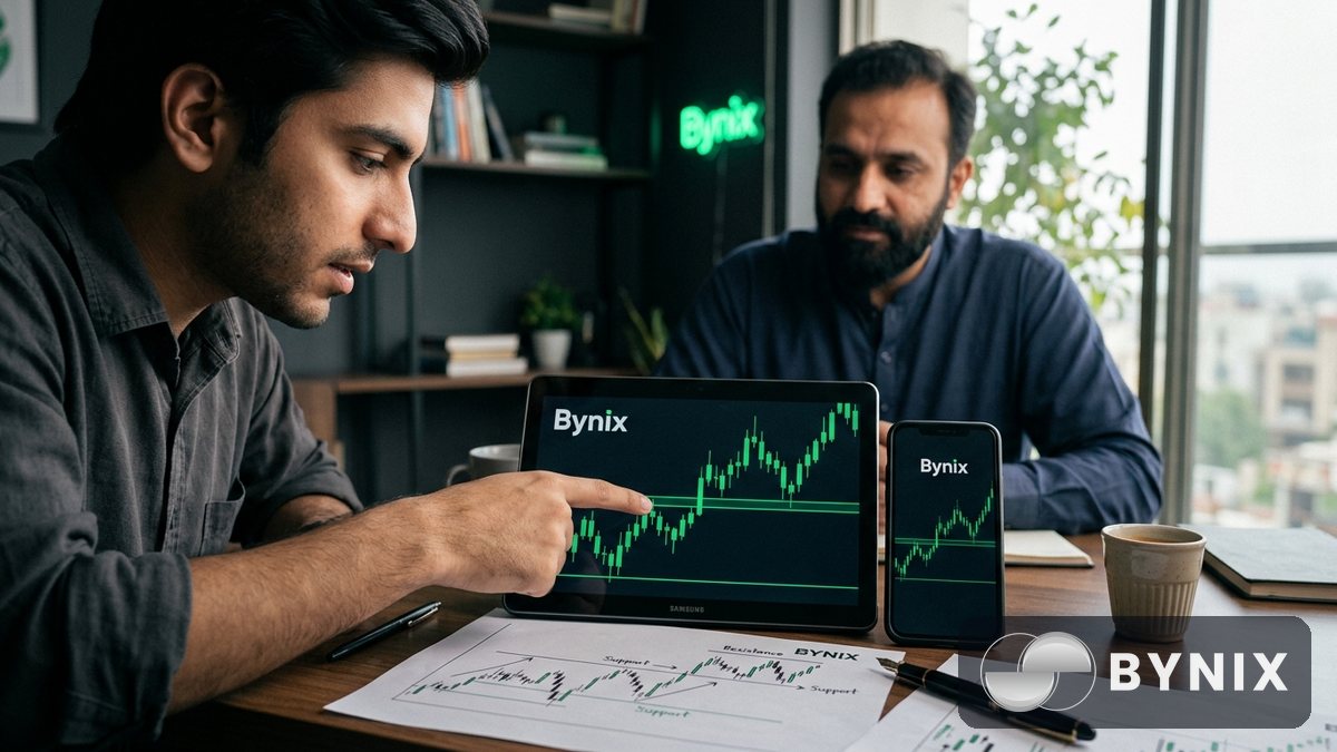 دو دوست روشن کیفے میں phone پر trading chart دیکھ رہے ہیں، اسکرین پر dark app میں سبز Bynix logo نمایاں ہے، میز پر coffee اور سبز روشنی کا reflection ہے۔