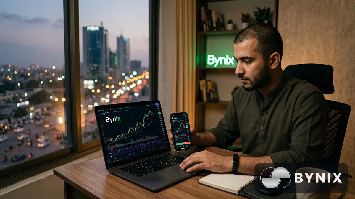 ایک trader laptop کے ساتھ mobile پر 1-minute chart دیکھ رہا ہے، dark trading app میں سبز Bynix logo واضح ہے، پس منظر میں شہر کی رات کی بتیوں کی نرم روشنی ہے۔