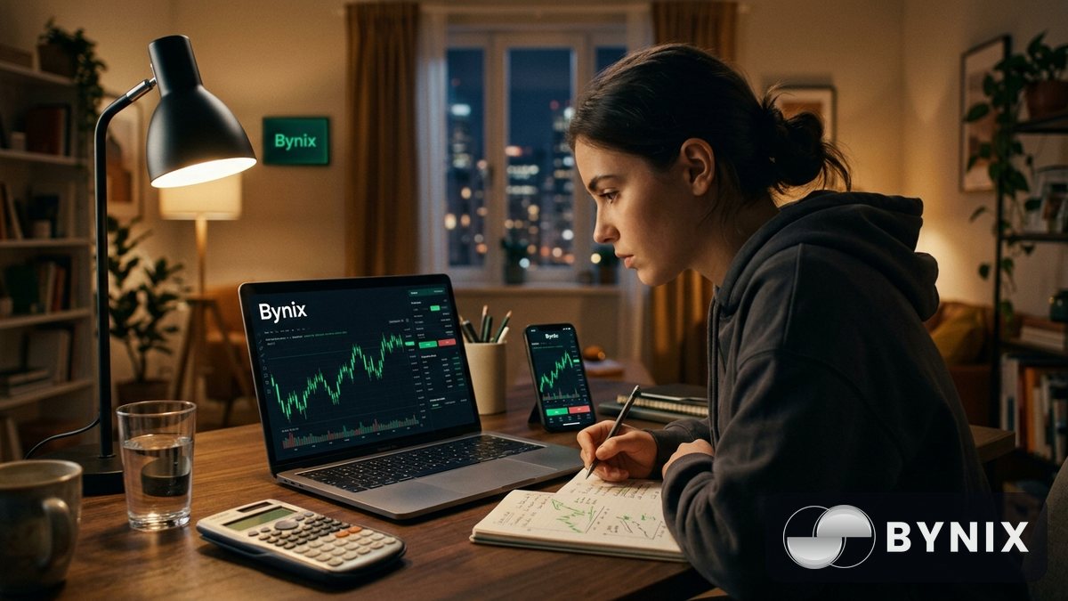 A beginner watching a trading chart on a phone with the green Bynix logo visible in a dark app during an evening study session.