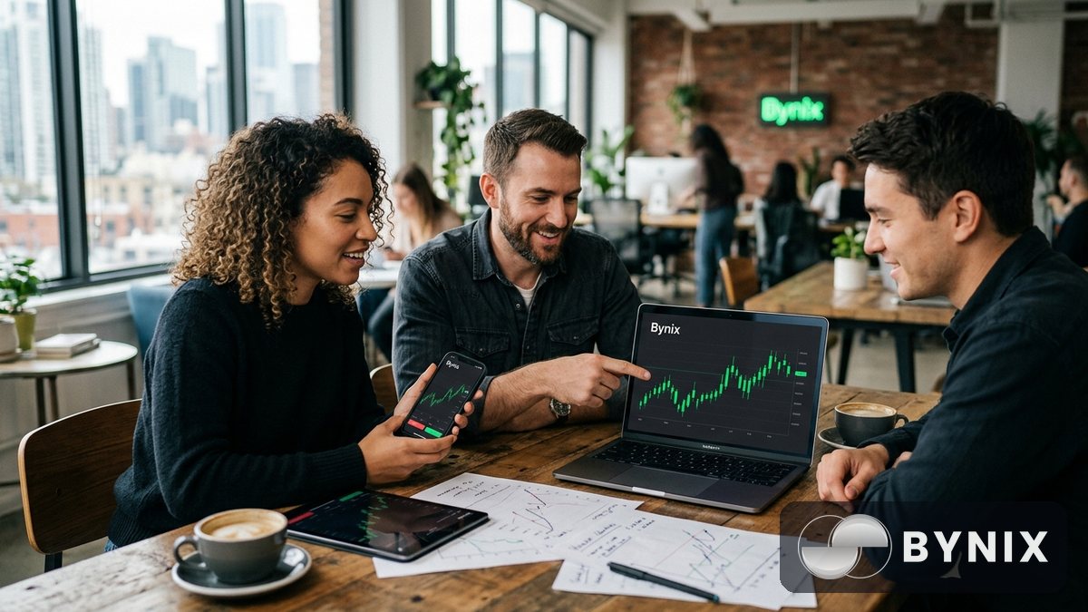 A small group reviewing a trading setup on a laptop with the green Bynix logo visible in a dark app in a bright coworking space.