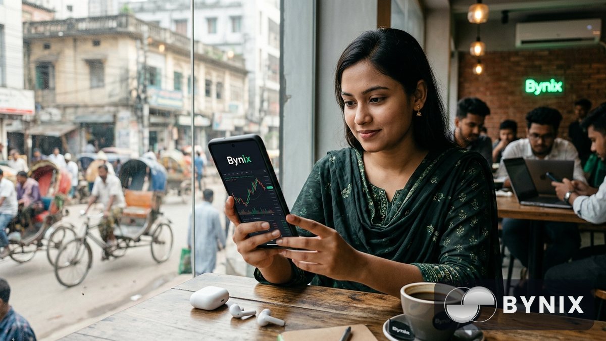 একজন নারী একটি ক্যাফেতে ফোনে ট্রেডিং অ্যাপ ব্যবহার করছে, পাশে হেডফোন ও কফি, ডার্ক স্ক্রিনে সবুজ Bynix লোগো স্পষ্ট, জানালার পাশে প্রাকৃতিক আলো।