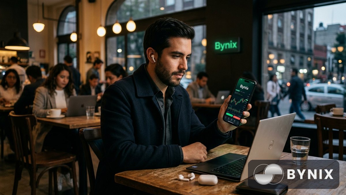 Dos personas mirando un móvil con la app de trading oscura y el logo verde Bynix visible, ambiente urbano nocturno con luz de neón.