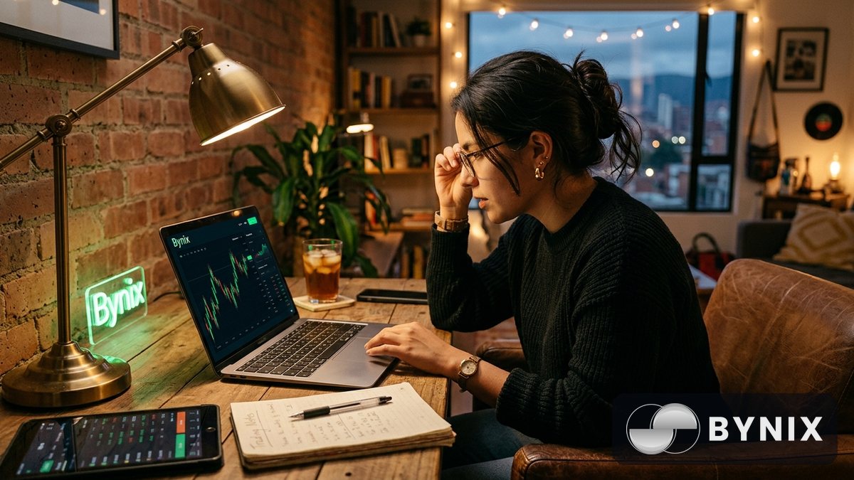 Trader frente a un portátil con gráficos abiertos en una app oscura y el logo verde Bynix visible, escritorio profesional e iluminación cálida.