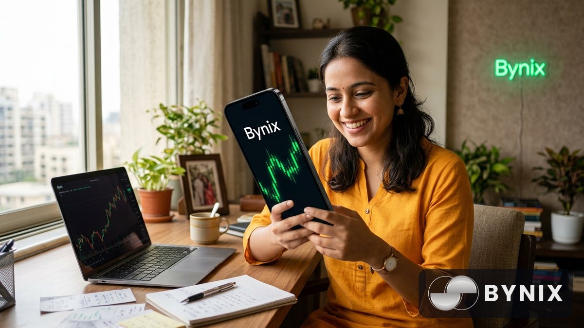 एक छोटे कैफे में मोबाइल पर डार्क ट्रेडिंग ऐप खोलकर मुद्रा चार्ट देखता हुआ युवक, स्क्रीन पर हरा Bynix लोगो साफ दिखता है।