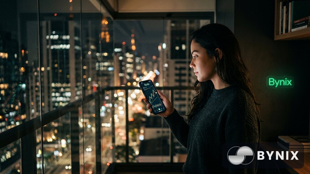 Trader observando um celular com a plataforma Bynix em tema escuro, com gráficos de velas visíveis, em um ambiente urbano à noite.