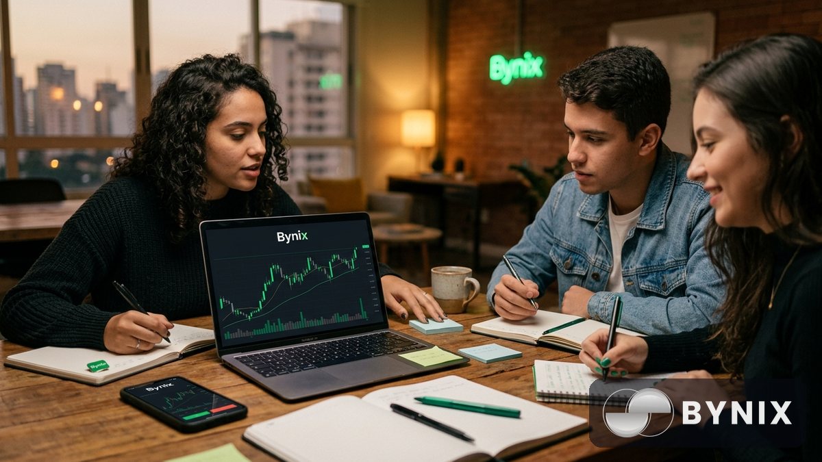 Pessoa usando laptop e celular para estudar vencimento e payout em binary options, com a Bynix aberta em tema escuro.