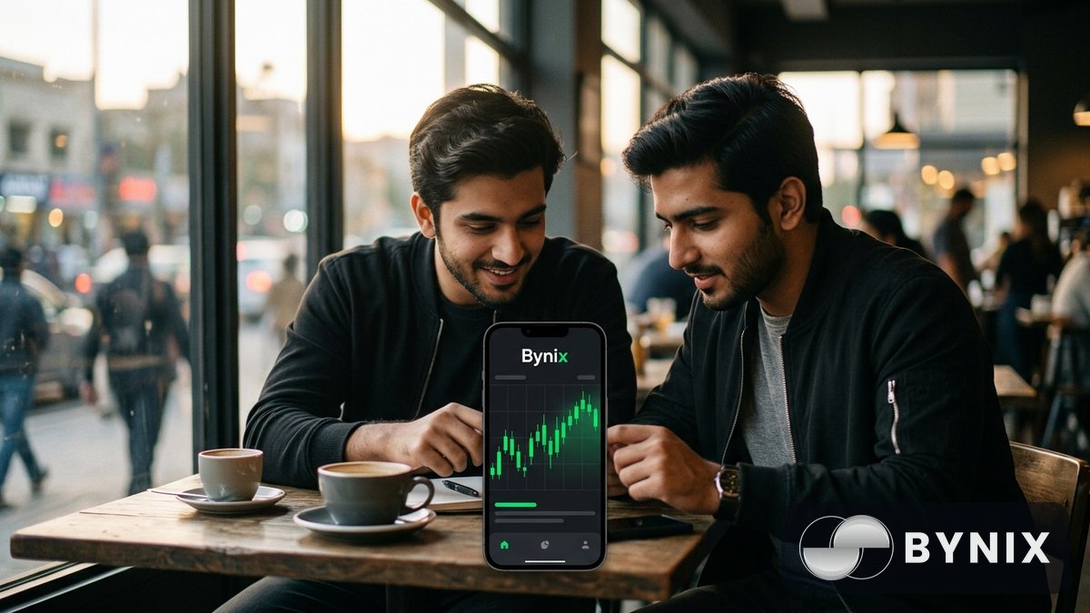 پاکستانی beginner trader کا scene جہاں phone پر dark trading app میں سبز Bynix logo واضح ہے اور وہ chart دیکھتے ہوئے CALL اور PUT سمجھ رہا ہے، گھر کے کمرے میں soft evening light ہے۔