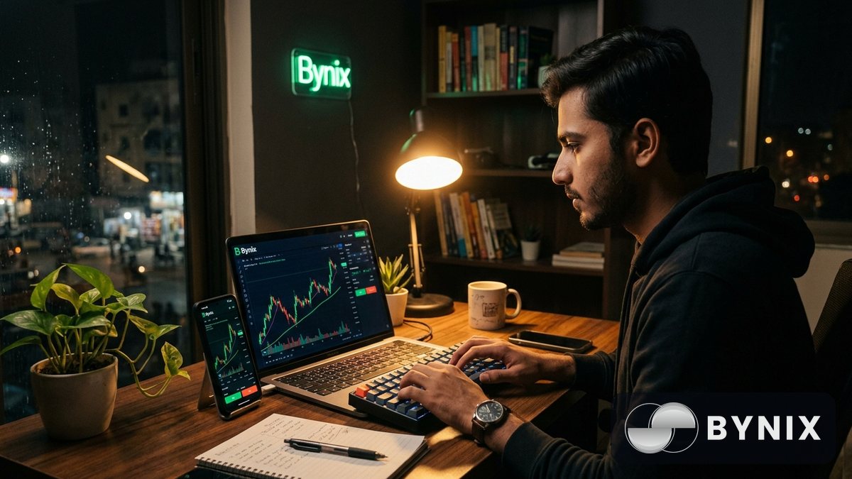 ایک small trading setup جس میں laptop اور phone پر dark app میں سبز Bynix logo روشن ہے، ساتھ calculator، tea mug اور city apartment background میں blue-hour light ہے۔