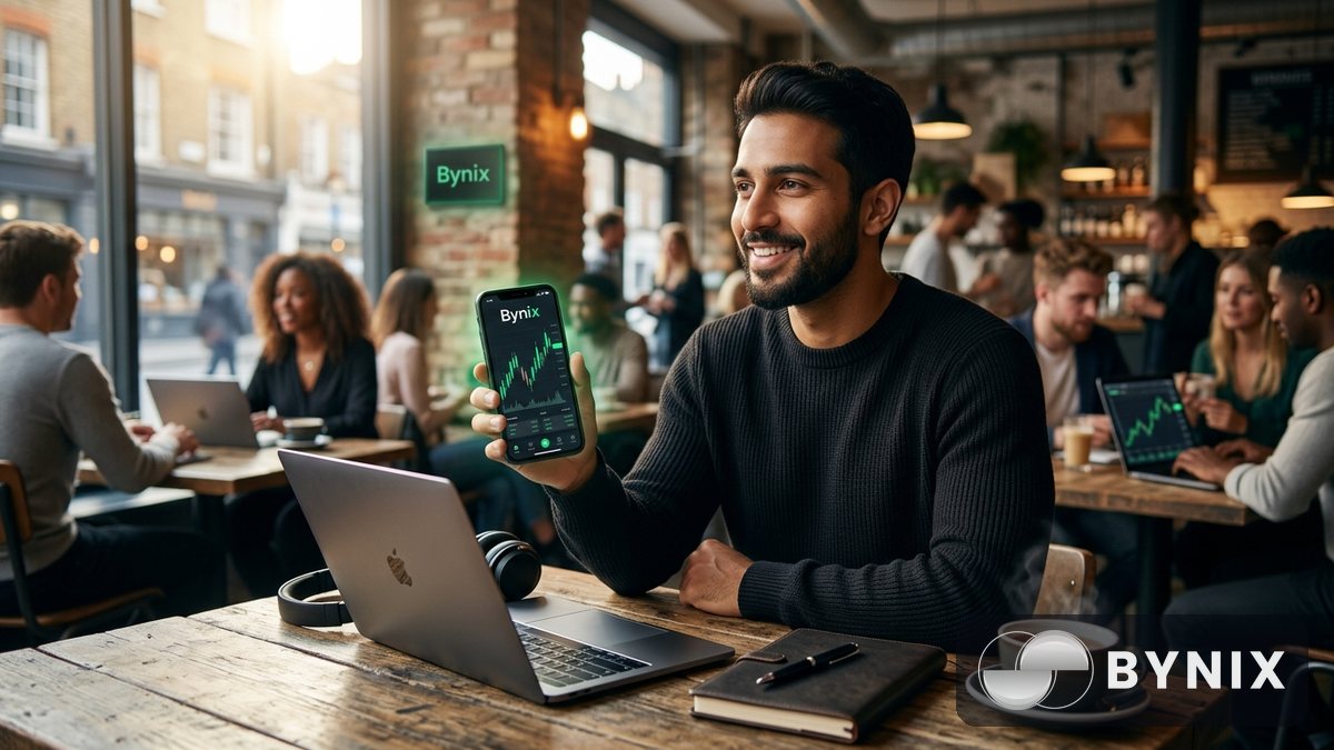 Affiliate marketer explaining Bynix on a smartphone in a busy urban café