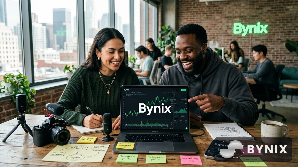 Team planning social media content for Bynix with a laptop and phone on a desk