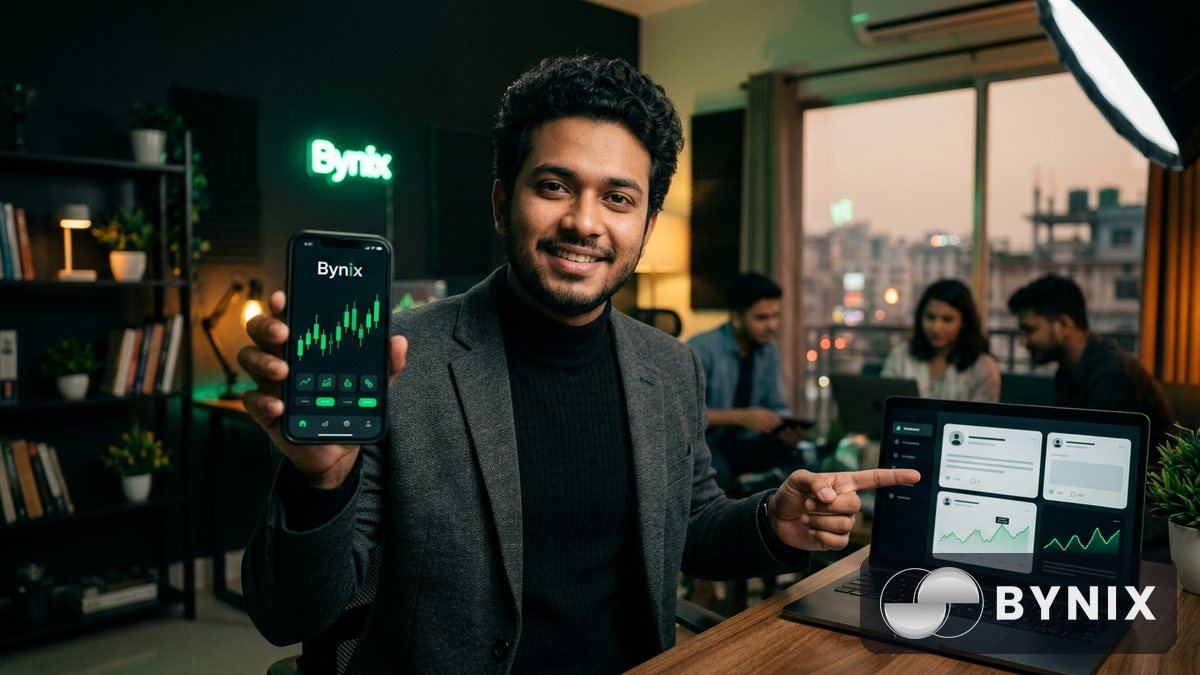ফোনে Bynix ট্রেডিং অ্যাপ দেখিয়ে affiliate link ব্যাখ্যা করছেন এমন একজন তরুণ