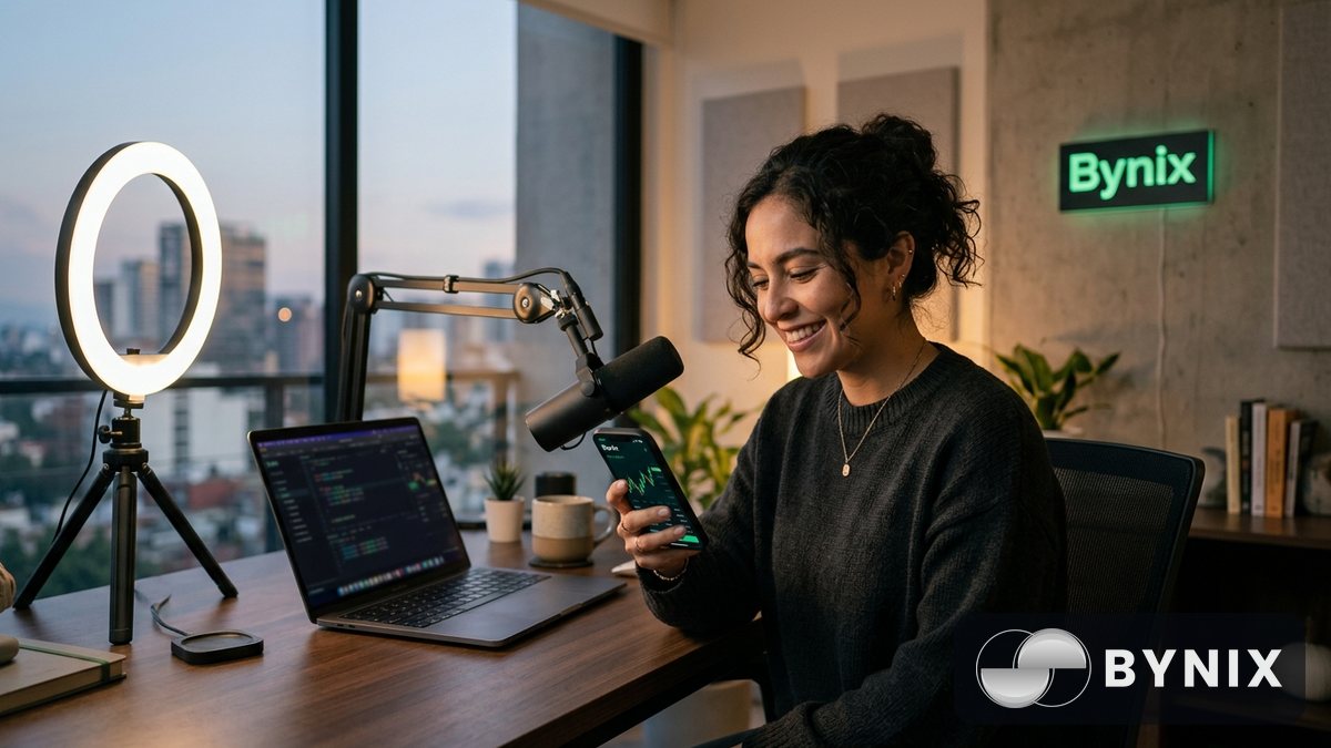 Creadores grabando contenido para redes sobre Bynix con un móvil y un portátil mostrando la app oscura con el logo verde de Bynix.
