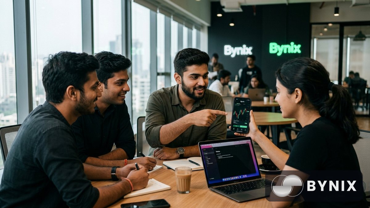 Bynix affiliate dashboard के साथ कंटेंट क्रिएटर और फोन स्क्रीन