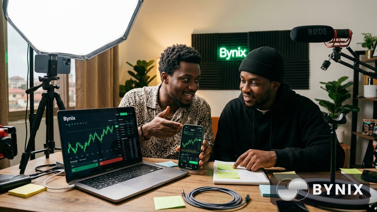 Affiliate marketer dey show Bynix dashboard for phone while friends dey watch for cozy room