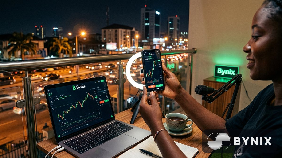Trader creator dey record content with Bynix logo on laptop and phone for home office