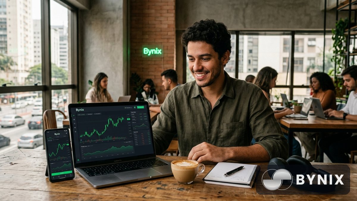 Afiliado explicando o programa da Bynix em uma mesa com celular e laptop, com o logo verde Bynix visível na tela do app de trading escuro.