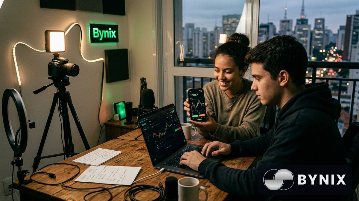 Equipe de marketing preparando conteúdo para redes sociais com celular e notebook mostrando o app de trading escuro da Bynix com logo verde legível.