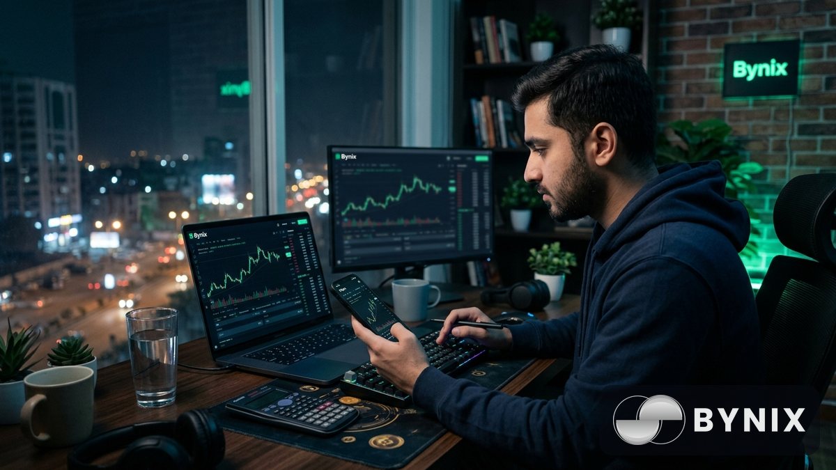 دو دوست ایک کیفیٹیریا میں فون دیکھ رہے ہیں، اسکرین پر ڈارک trading app کے اندر سبز Bynix لوگو نمایاں ہے، میز پر چائے اور نوٹس موجود ہیں۔