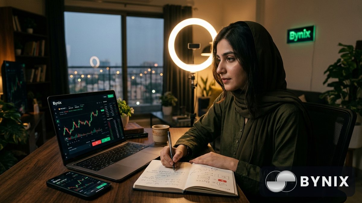 ایک عورت گھر کے کونے میں لیپ ٹاپ کے ساتھ content planning کر رہی ہے، اسکرین پر ڈارک trading app میں سبز Bynix لوگو واضح ہے، پس منظر میں soft lamp light ہے۔