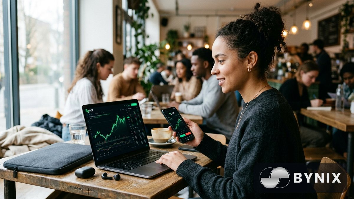 Young woman using a phone with the Bynix trading app while reviewing charts on a laptop in a bright cafe, green Bynix logo visible on both screens.