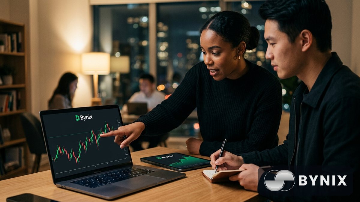 Two traders in an evening workspace checking the Bynix platform on a laptop and tablet, dark interface with green Bynix logo visible.
