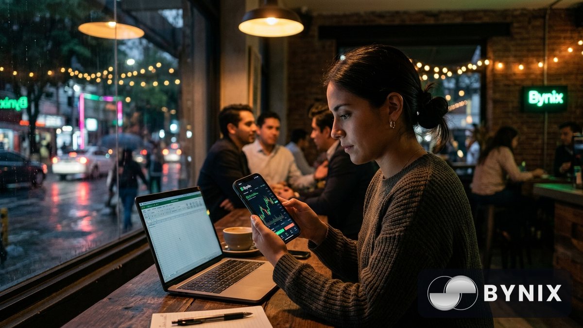 Persona sosteniendo un teléfono con la app de trading oscura y el logo verde Bynix visible, en un café urbano con luz natural.