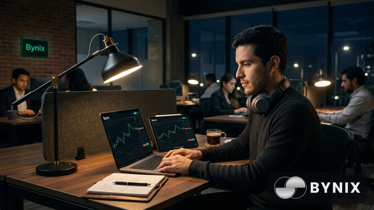Dos personas mirando un portátil con la app de trading oscura y el logo verde Bynix visible, en un espacio de trabajo moderno con luz de tarde.