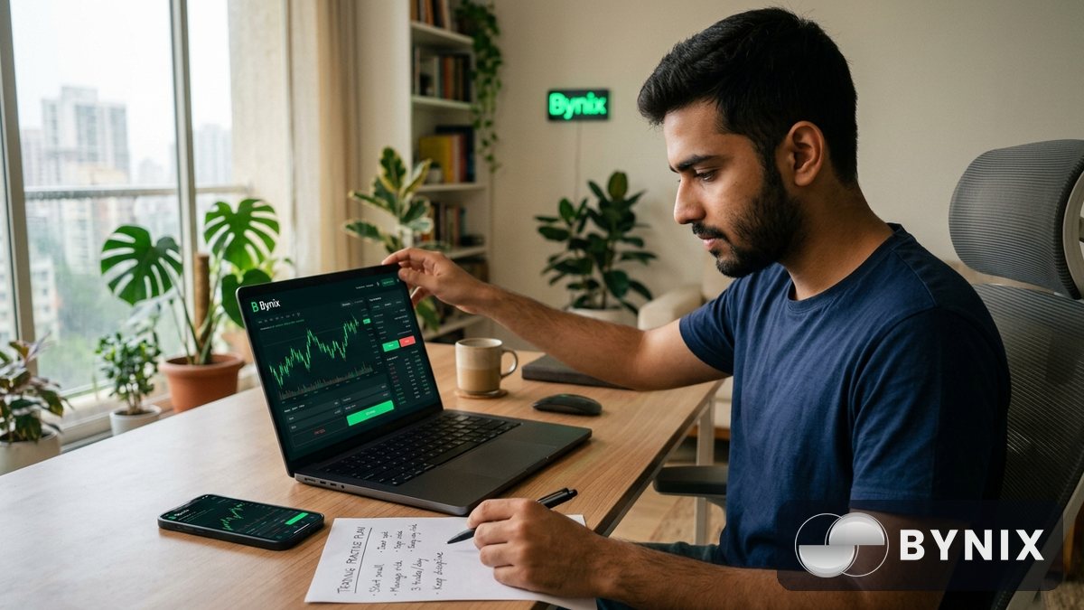 Bynix demo पर chart reading और strategy practice का दृश्य