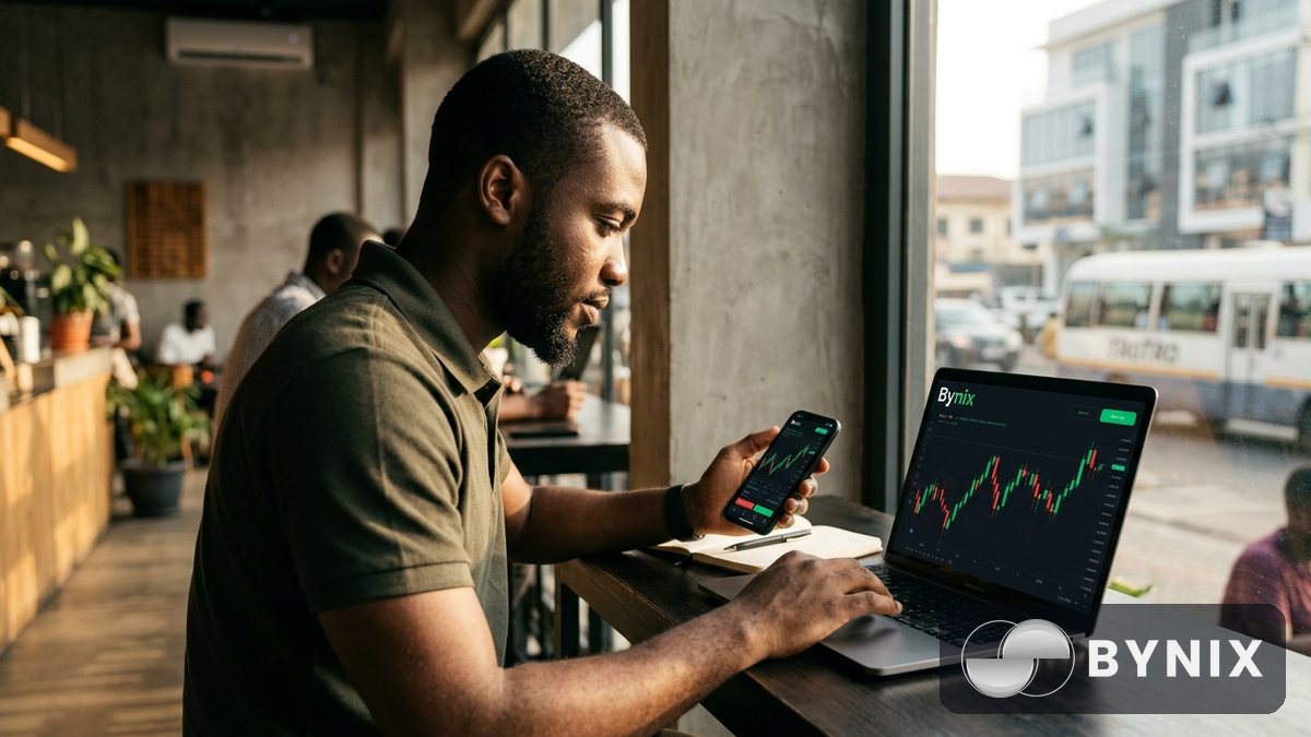 Trader wey dey check demo chart for laptop with green Bynix logo for screen inside busy Accra cafe