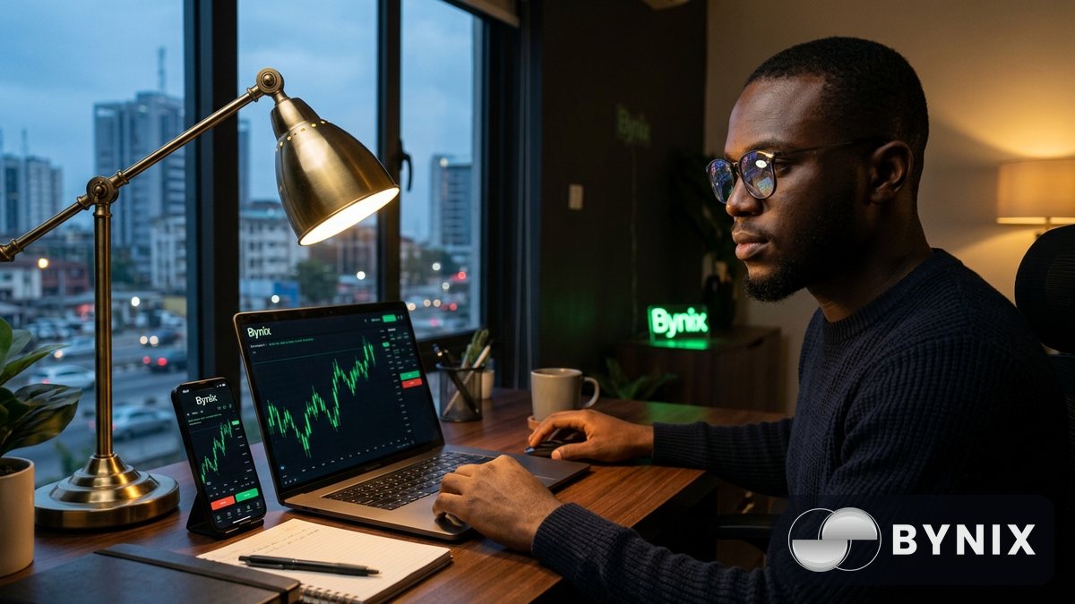 Two friends wey dey practice demo trade with phone and laptop wey show dark app and green Bynix logo for evening room