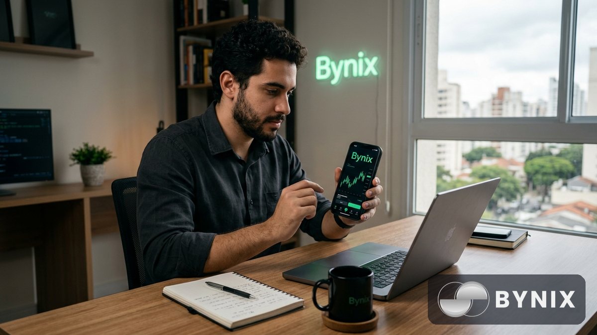 Pessoa segurando celular com a plataforma demo da Bynix em tela escura e logo verde Bynix visível, em ambiente de home office com café e caderno.
