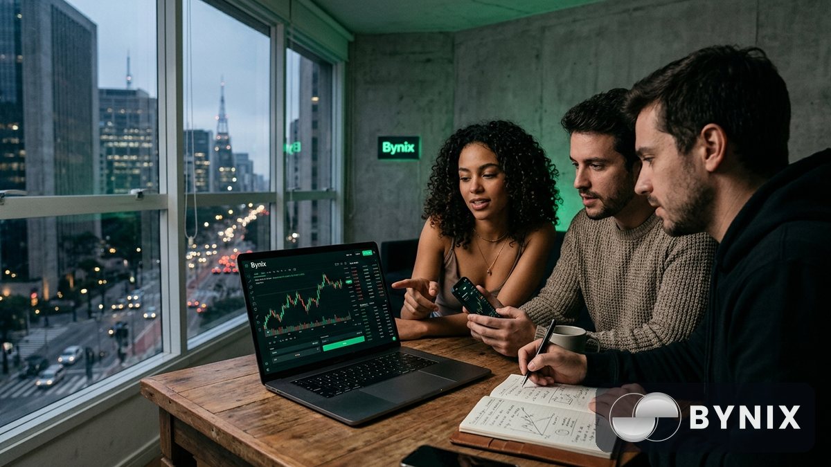 Grupo pequeno de amigos em ambiente urbano olhando notebook com a demo da Bynix aberta em tela escura e logo verde Bynix visível.