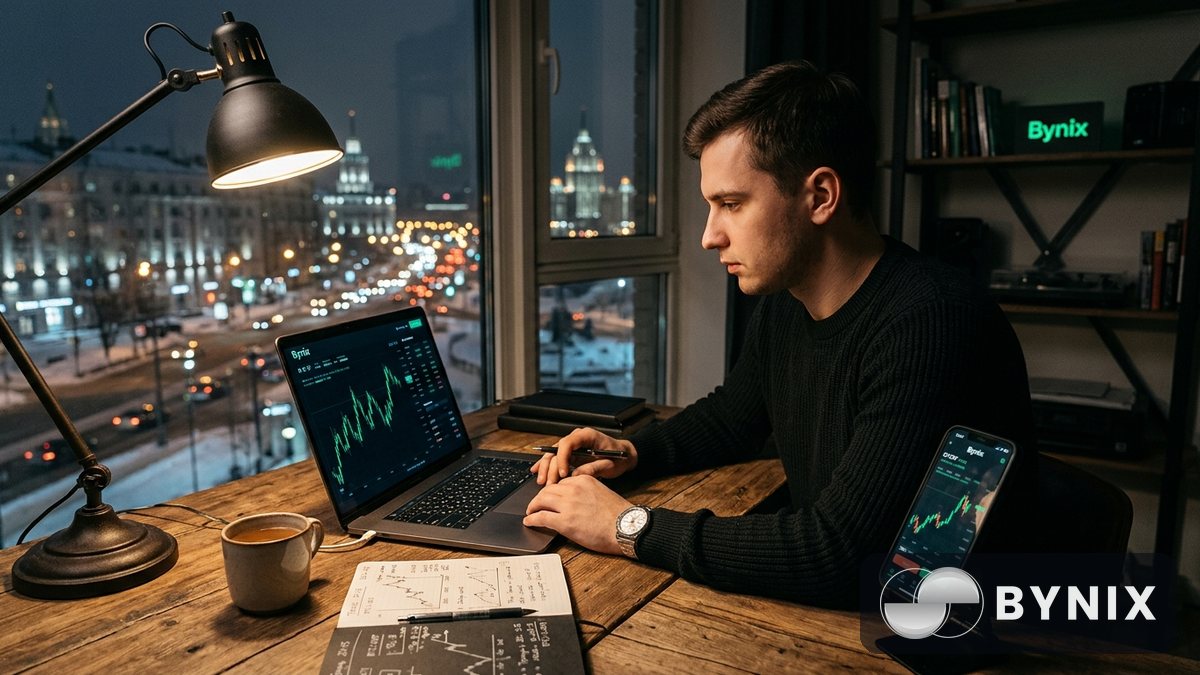 Практика на демо-счёте Bynix в коворкинге, человек с планшетом и ноутбуком, тёмный экран с зелёным логотипом Bynix, яркий дневной свет и деловая атмосфера.