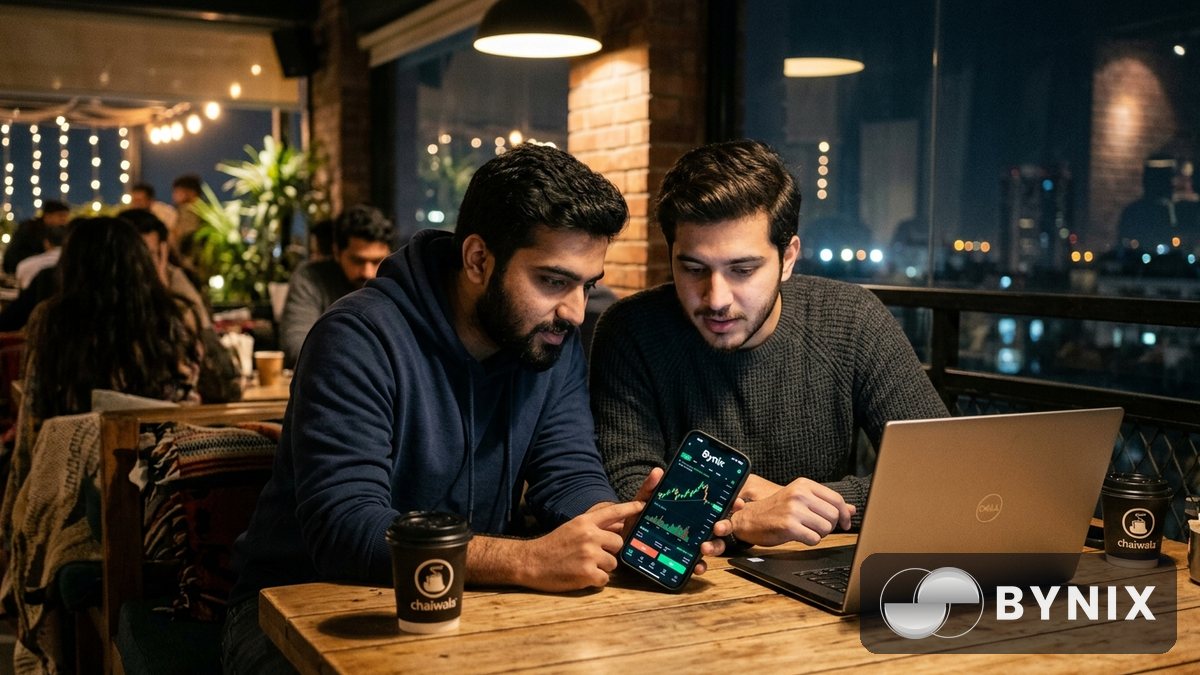 دو دوست Bynix demo practice کرتے ہوئے موبائل اور لیپ ٹاپ پر dark app دیکھ رہے ہیں، green Bynix logo واضح ہے۔