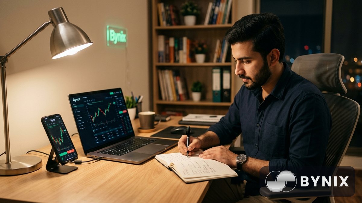 رات کے وقت ایک focused trader tablet اور laptop پر Bynix platform use کر رہا ہے، dark app اور green Bynix logo نمایاں ہے۔