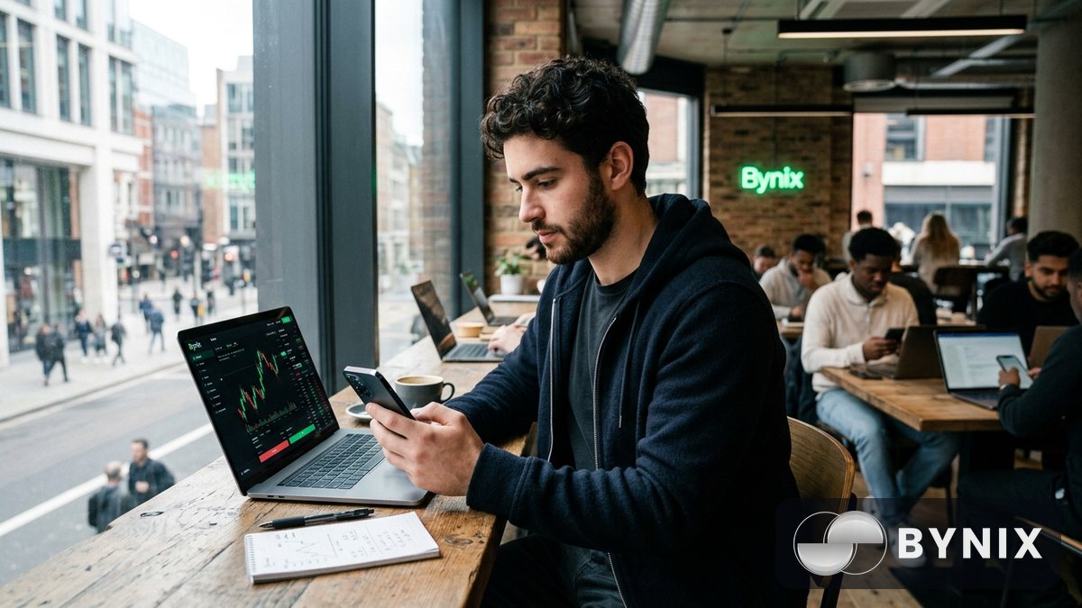 Trader studying funded challenge rules on a phone beside a laptop with the Bynix platform