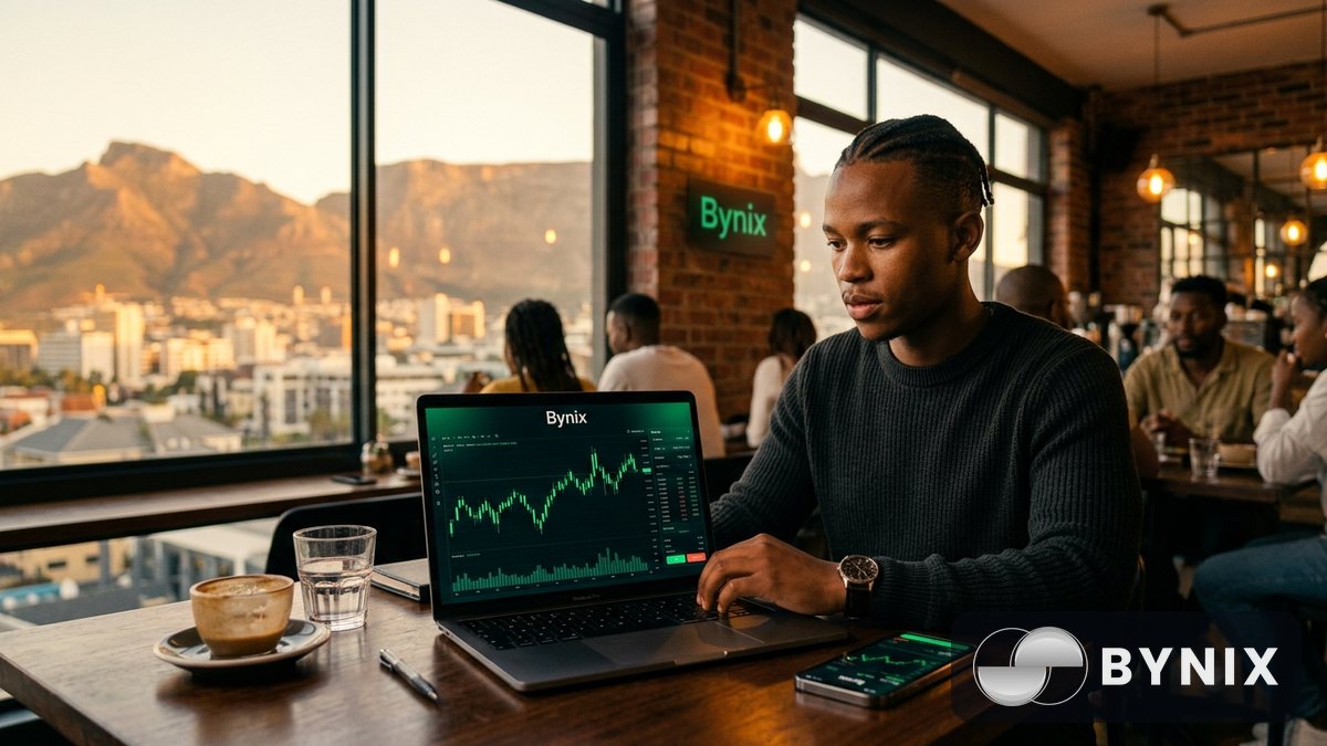 ’n Afrikaanstalige trader by die huis in Windhoek sit voor ’n laptop met die donker Bynix-platform en helder groen logo, met ’n notaboek, pen en sagte aandlig.