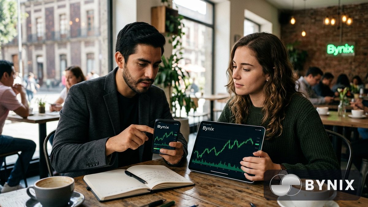 Un trader analiza reglas de evaluación en una laptop en una cafetería luminosa, con un teléfono al lado y gráficos en pantalla oscura con el logo verde Bynix bien visible.