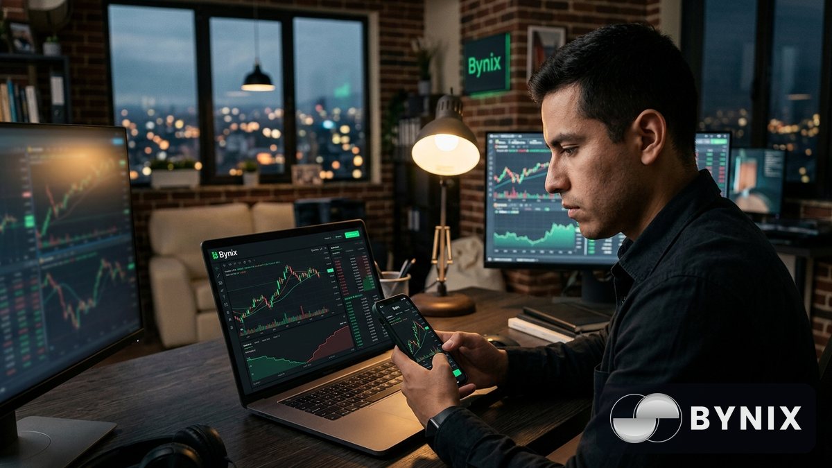 Un grupo pequeño de traders revisa una cuenta financiada en una mesa de coworking, con un portátil y un móvil mostrando la app oscura de Bynix y su logo verde claramente legible.